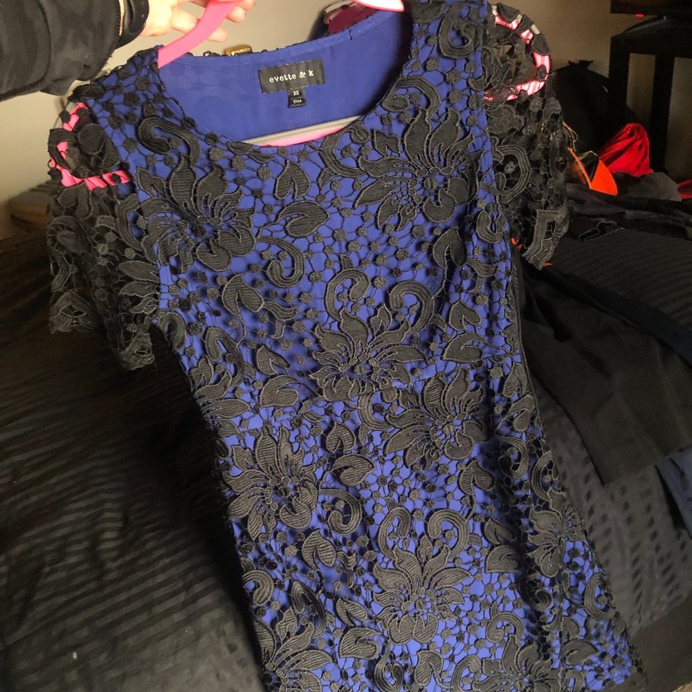 Evette & K blue w/black floral lace overlay - NWOT